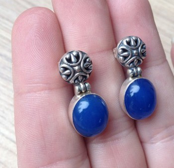 Zilveren oorbellen met ovale blauw Chalcedoon
